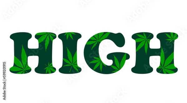Fototapeta vector decorative green lettering high with cannabis leaves pattern, marijuana, logo for weed lovers