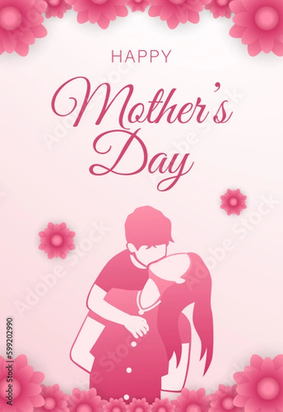 Obraz mother holding child behind with pink flowers, happy mother's day vertical banner with pink background