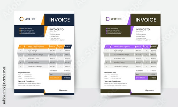 Fototapeta Minimal Corporate Business Invoice design template vector illustration bill form price invoice. Creative invoice template vector. business stationery design payment agreement design template