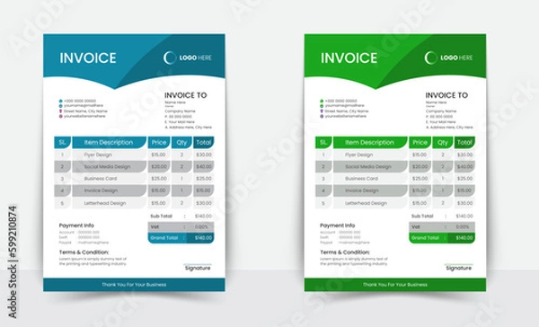 Fototapeta Minimal Corporate Business Invoice design template vector illustration bill form price invoice. Creative invoice template vector. business stationery design payment agreement design template