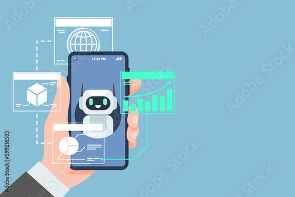 Obraz Chatbot assistant application on a computer smartphone. Artificial intelligence help service for business data. Chat bot by ai. Vector illustration flat design for banner, poster, and background.