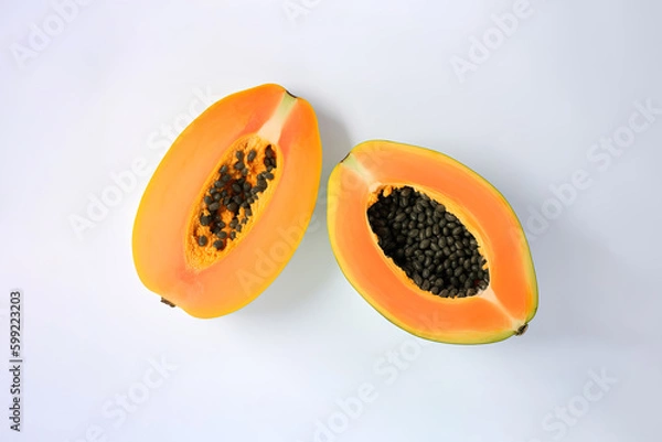 Fototapeta Top view fresh sliced papaya fruits isolated on white background. Created with Generative AI Technology