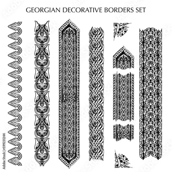 Obraz Georgian traditional decorative ornament construction kit. Church facades Architectural flourishes. Sketch style drawing isolated on white background. EPS 10 vector illustration.