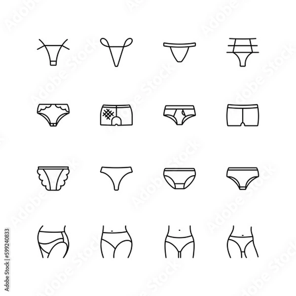 Obraz Panties icons set. Introduced pantaloons, classic, drawstrings, tanga, lace, string thongs, high waist, shorts, hipster, seamless, daring.