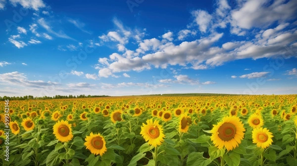 Obraz Sunflower Farmland With Blue Cloudy Sky. AI Generative