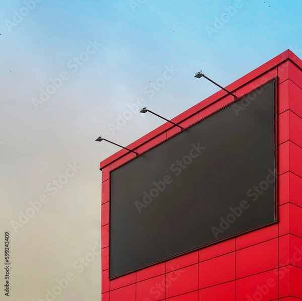 Obraz Empty black billboard with backlight on the wall of the building against the sky. Billboard mockup for advertising on the wall of the mall