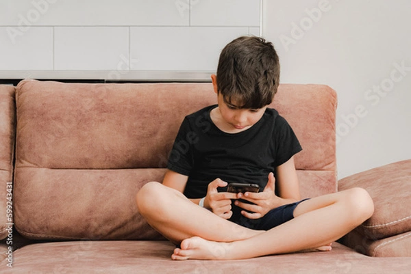 Obraz The boy plays on the sofa in the living room. Living room kitchen with sofa. The child plays with gadgets. The boy spends his summer vacation playing games on his phone.