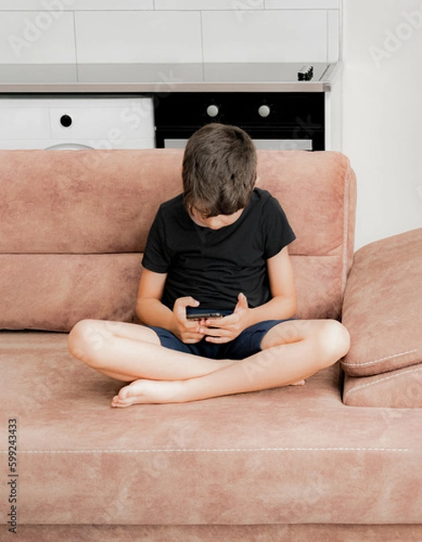 Obraz The boy plays on the sofa in the living room. Living room kitchen with sofa. The child plays with gadgets. The boy spends his summer vacation playing games on his phone.