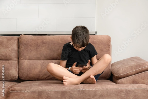 Obraz The boy plays on the sofa in the living room. Living room kitchen with sofa. The child plays with gadgets. The boy spends his summer vacation playing games on his phone.