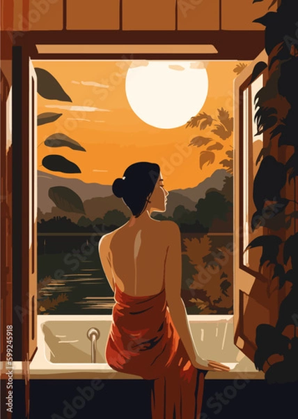 Fototapeta naked woman in a luxurious bathtub by the window in a nice room. generative ai technology