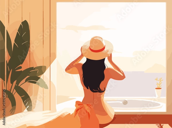 Fototapeta naked woman in a luxurious bathtub by the window in a nice room. generative ai technology