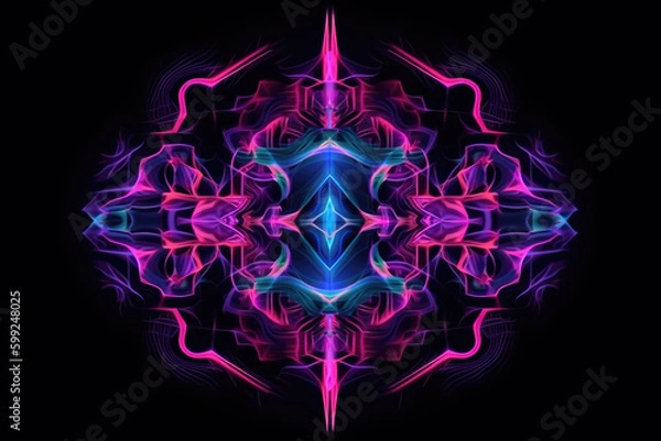 Fototapeta Neon glitch. Digital design. Futuristic kaleidoscope. Purple pink blue color UV light liquid crystal artifacts symmetrical pattern on dark black abstract illustration background