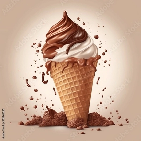Fototapeta Gourmet summer: Chocolate ice cream cone with creamy topping and crunchy chocolate sprinkles. Generative AI,