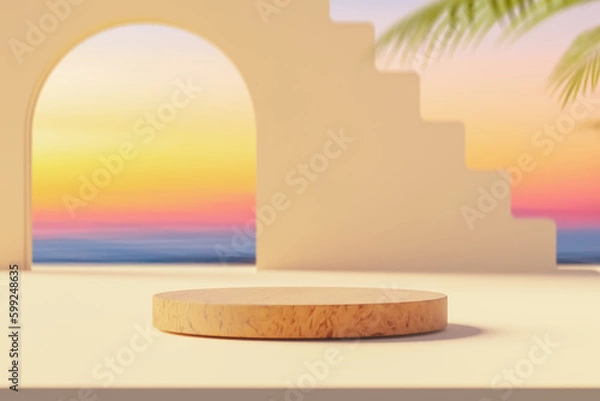 Fototapeta 3d podium with copy space for product display presentation on palm beach abstract background. Tropical summer and vacation concept.