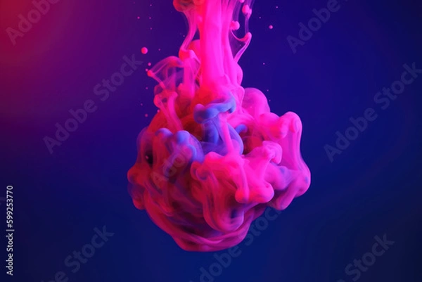 Fototapeta Ink water drop. Color mist flow. Logo reveal effect. Blue pink fume mix motion on purple abstract art background shot on Red Cinema