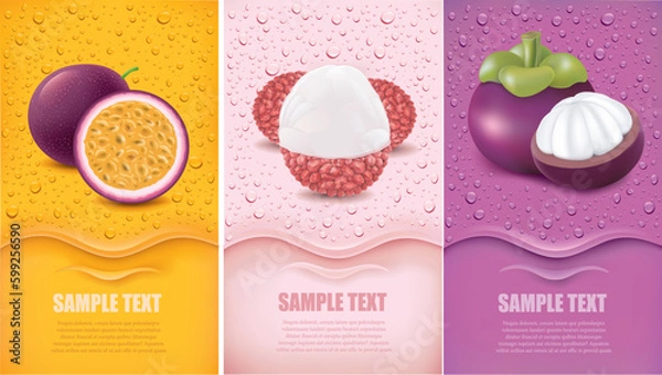 Obraz many fresh juice drops background with  mangosteen, lychee, passionfruit