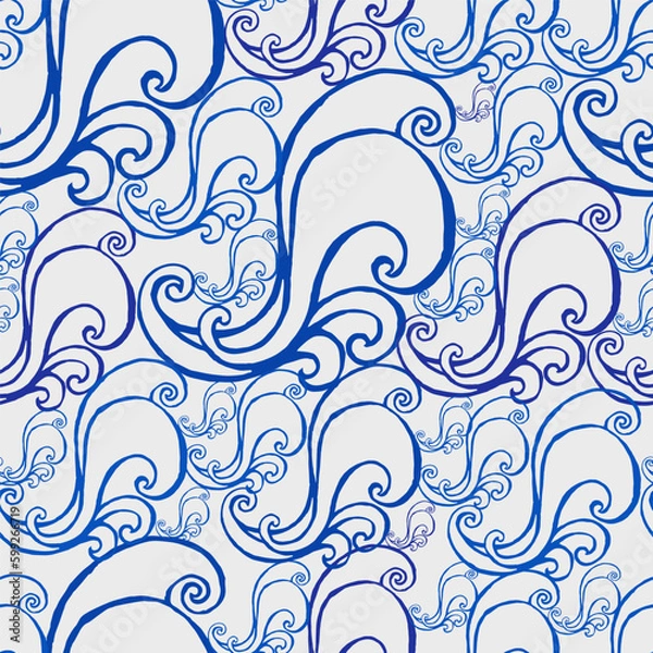 Fototapeta Abstract water wave hand drawn seamless pattern illustration background