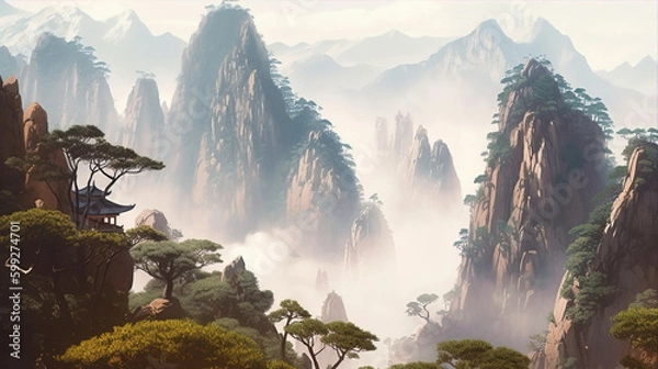 Fototapeta Ancient Architecture in Chinese Style Painting,created with Generative AI tecnology.