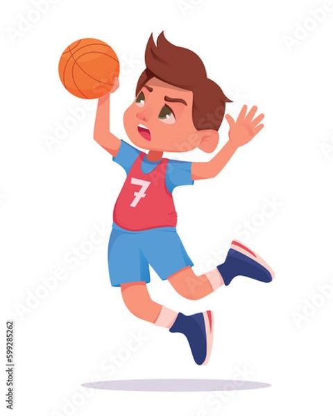 Obraz Young school boy wearing basketball uniform in basketball court while doing his dribbling style. Playing with ball. Vector isolated.