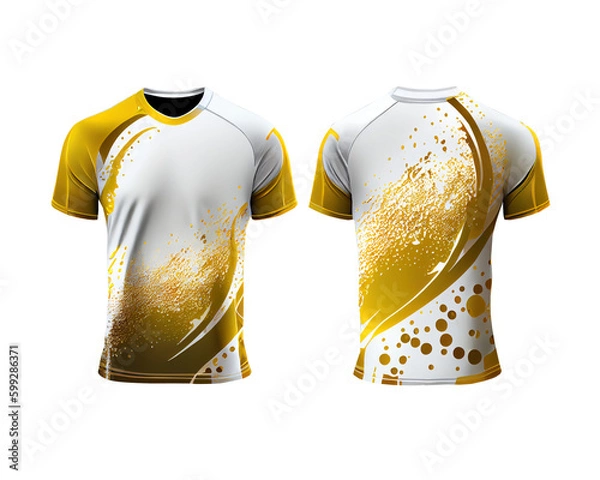 Fototapeta Mock up white jersey with gold and grey splash pattern and chest shape, isolated for object and retouch design on transparent background. Generative AI.