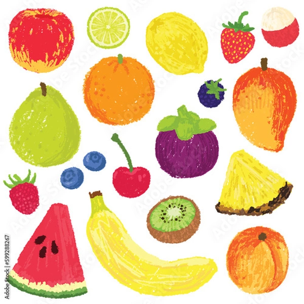 Obraz Hand drawn set of fresh fruits pattern. Fruit isolated on white background. Organic fruits vector illustration.
