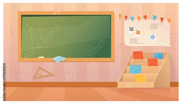 Obraz Geometry classroom interior, school class room with desk, student blackboard with geometrical tasks and rulers, studying posters, Cartoon vector illustration