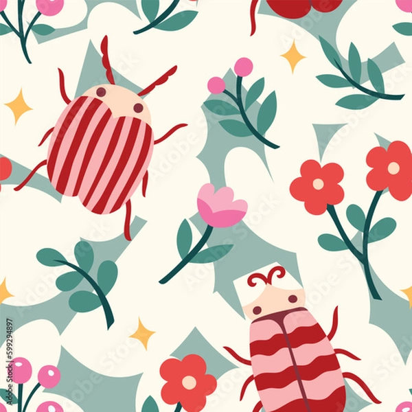 Fototapeta Cute seamless pattern with hand-drawn bugs and floral elements. Vector summer botanical background.