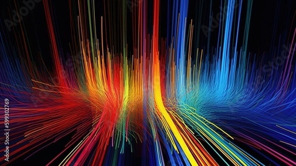 Fototapeta 3d render, abstract panoramic neon, light speed background. Bright purple violet pink lines glowing in ultraviolet light, generative ai, futuristic path. 