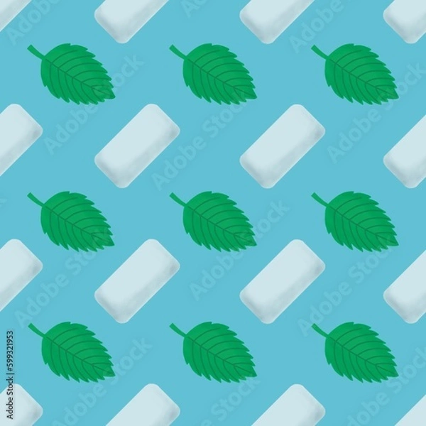 Fototapeta Mint chewing gum, seamless pattern on a blue background