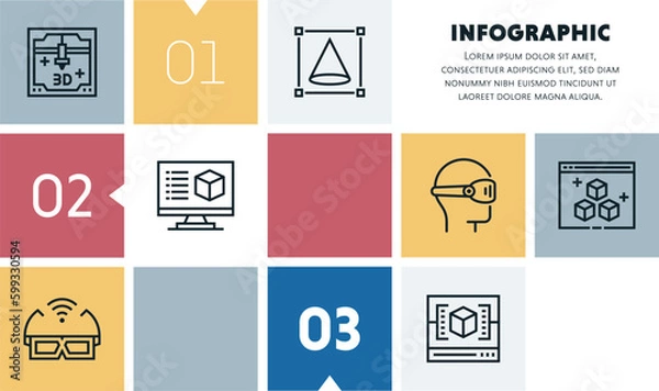 Fototapeta 3D game assets infographic design with icons, made by thin line style with editable strokes.