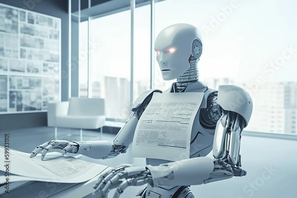 Fototapeta office artificial paper laptop ai technology hand document robot digital. Generative AI.