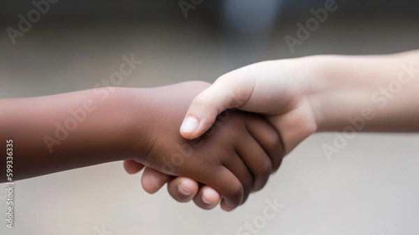 Fototapeta Close up of the hands of two children. They are shaking the hands as friends. Generative AI.
