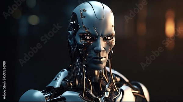 Fototapeta Male big cyborg with dark background. Generative AI.