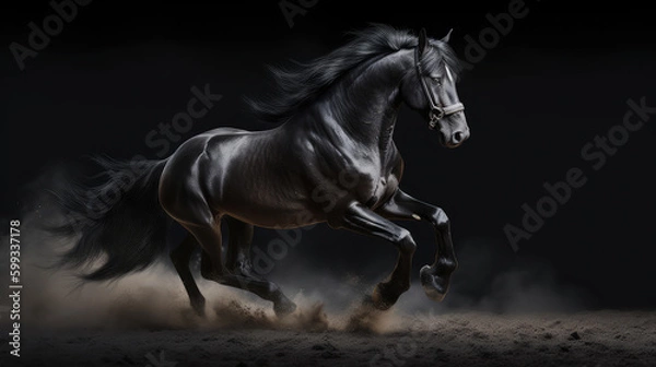 Obraz Black stallion hourse running in front of a black background as a symbol for power. Generative AI.