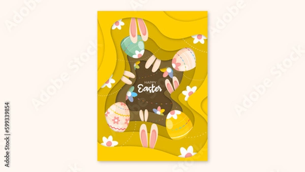 Fototapeta Happy Easter Cartoon Poster. Easter Poster with rabbit ears, colorful eggs, flowers and garlands.