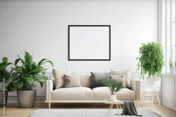 Fototapeta Scandinavian Living Room Elegance: Blank Poster Frame Mockup with Natural Light and Greenery