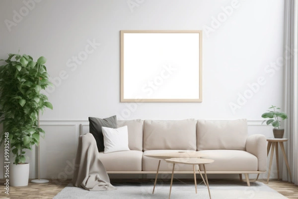 Obraz Scandinavian Living Room with Blank Poster Frame Mockup, Beige Sofa, and Green Plants