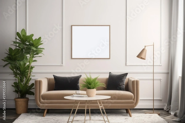 Fototapeta Scandinavian Living Room Elegance with Blank Poster Frame and Lush Greenery