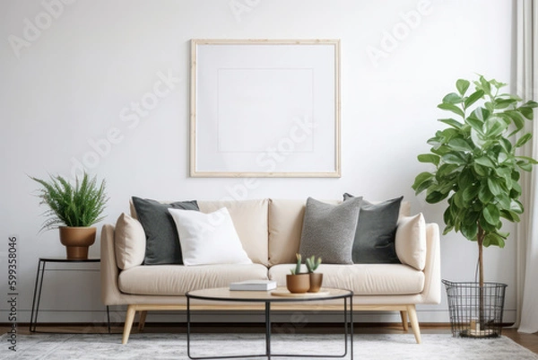 Obraz Sleek Nordic Living Area with Unfilled Picture Frame and Flourishing Foliage