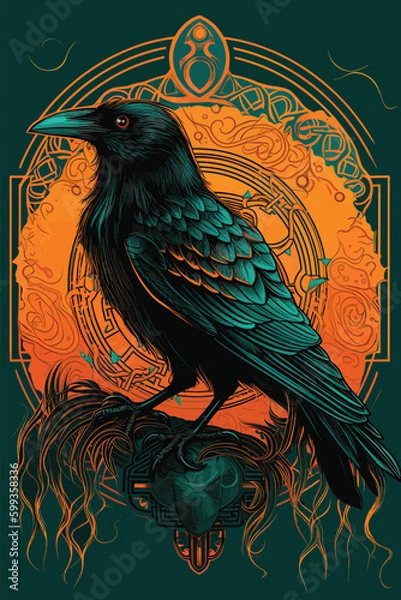 Obraz Turquoise crow and retro pattern background. vector illustration