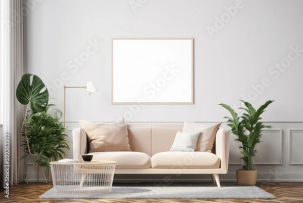 Obraz Scandinavian living room with blank poster frame mockup