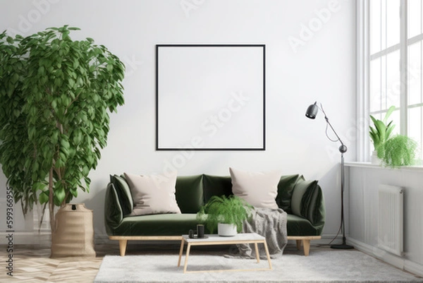 Obraz Minimalist Scandinavian Living Room with Blank Poster Frame and Plants