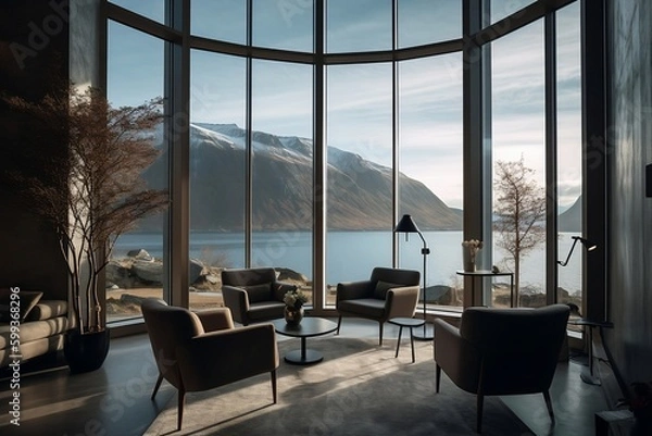 Fototapeta Luxurious hotel room. Hotel room with a beautiful view. Hotel room overlooking the lake and mountains. Panoramic view from windows. Generative AI.