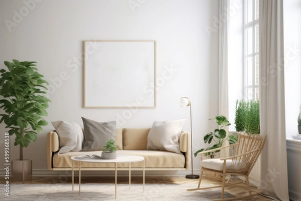 Obraz Scandinavian Living Room with White Frame and Natural Plants
