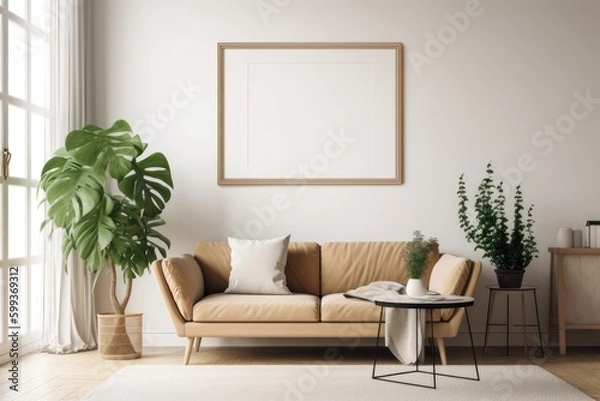 Fototapeta Blank Horizontal Poster Frame Mockup in a Scandinavian Living Room with Green Plants and Beige Sofa