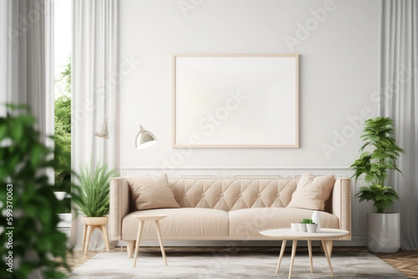 Fototapeta Modern Scandinavian Living Room with Blank Horizontal Poster Frame and Greenery