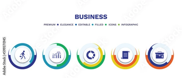 Fototapeta set of business filled icons. business filled icons with infographic template. flat icons such as employee going to work, graphic progression, pie chart statistics, paper graphic, briefcase vector.