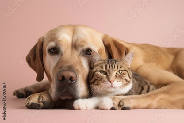 Fototapeta Portrait of a cute cat and dog hugging each other on pink isolated background.Front view.Created with generative ai
