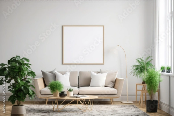 Fototapeta Cozy Living Room with Blank Horizontal Poster Frame and Natural Touches
