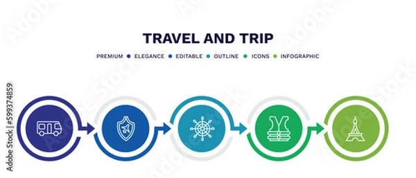 Fototapeta set of travel and trip thin line icons. travel and trip outline icons with infographic template. linear icons such as motorhome, travel insurance, rudder, lifejacket, eiffel tower vector.